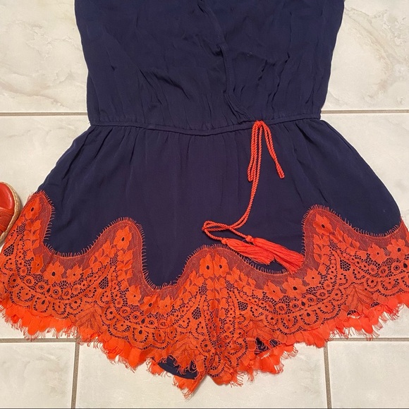 - Umgee romper. Navy Blue with lace orange, Size M, 3/4 sleeves. - Picture 7 of 11